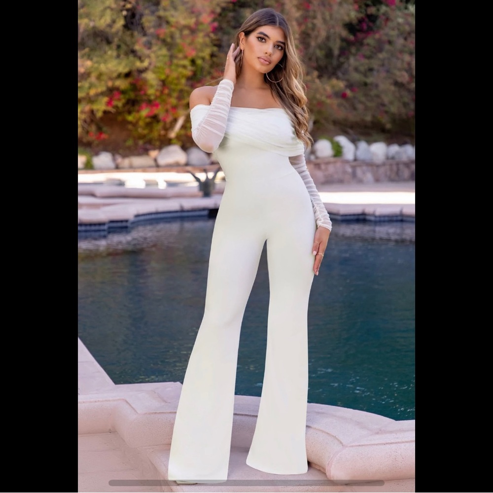 White Ruched Mesh Bardot Jumpsuit